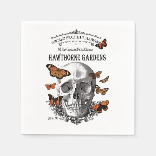 ヴィンテージモダンハロウィーンスカルと蝶 スタンダードカクテルナプキン (正面)