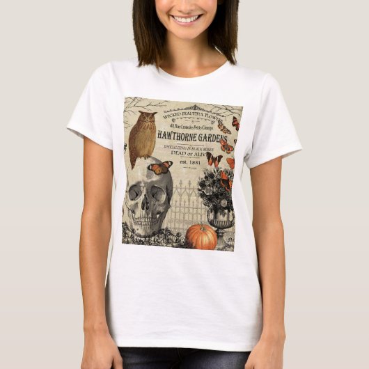 ヴィンテージモダンハロウィーンフクロウとスカル Tシャツ (正面)