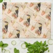 ヴィンテージモダンバードピンク花蝶 キッチンタオル (折り畳み)