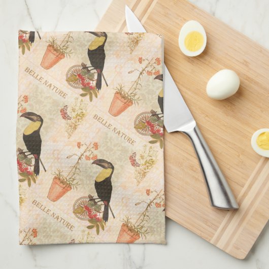 ヴィンテージモダンバードピンク花蝶 キッチンタオル (四つ折り)