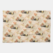 ヴィンテージモダンバードピンク花蝶 キッチンタオル (横)