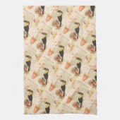 ヴィンテージモダンバードピンク花蝶 キッチンタオル (縦)