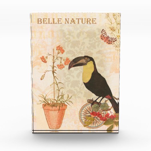 ヴィンテージモダンバードピンク花蝶 フォトブロック (正面)