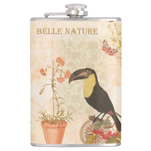 ヴィンテージモダンバードピンク花蝶 フラスク (正面)