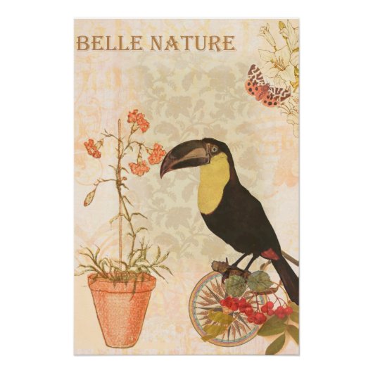 ヴィンテージモダンバードピンク花蝶 ポスター (正面)