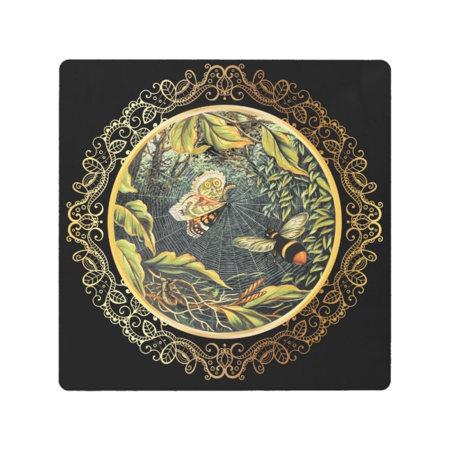 ヴィンテージモダンビー&バタフライinスパイダーくもの巣 メタルプリント (正面)