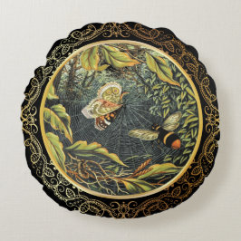 ヴィンテージモダンビー&バタフライinスパイダーくもの巣 ラウンドクッション