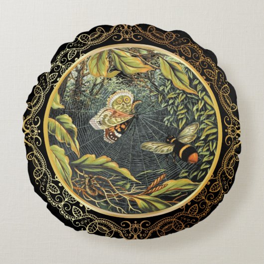 ヴィンテージモダンビー&バタフライinスパイダーくもの巣 ラウンドクッション (正面)