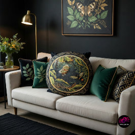 ヴィンテージモダンビー&バタフライinスパイダーくもの巣 ラウンドクッション