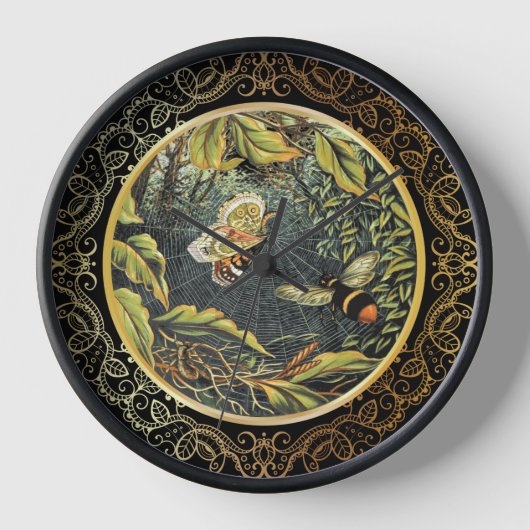 ヴィンテージモダンビー&バタフライinスパイダーくもの巣 壁時計 (正面)