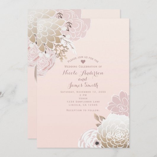 ヴィンテージモダンピンクと金ゴールド素朴フローラ結婚の 招待状 (正面/裏面)