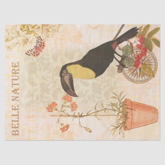 ヴィンテージモダンピンクの花と鳥 薄葉紙 (正面)