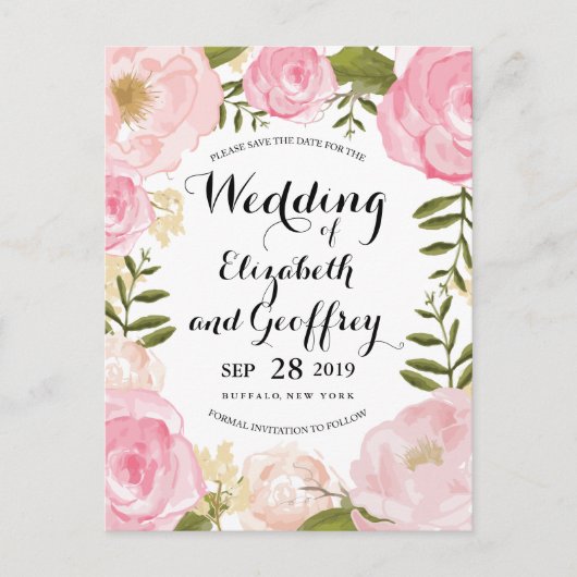 ヴィンテージモダンピンクフローラ保存日付 案内ポストカード (正面)