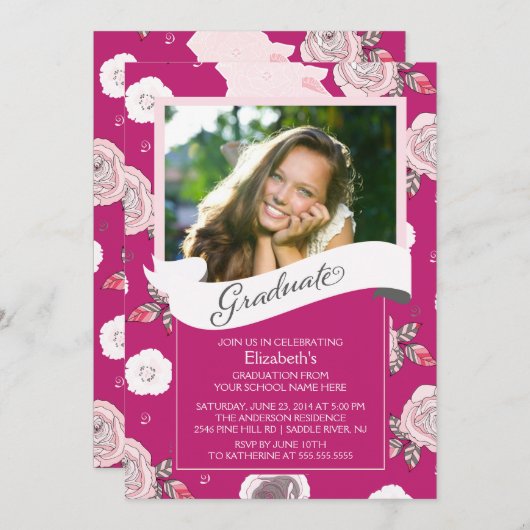 ヴィンテージモダンピンク花花卒業招待状 招待状 (正面/裏面)