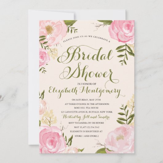 ヴィンテージモダンピンク&グリーンフローラブライダルシャワー 招待状 (正面)