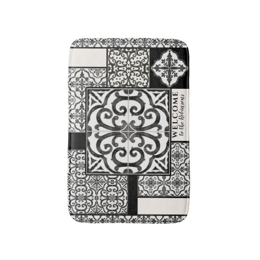 ヴィンテージモダンファームハウスブラックアンドホワイトタイル名 バスマット (正面縦)