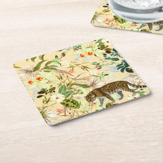 ヴィンテージモダンフラワータイガージャングル スクエアペーパーコースター (アングル)