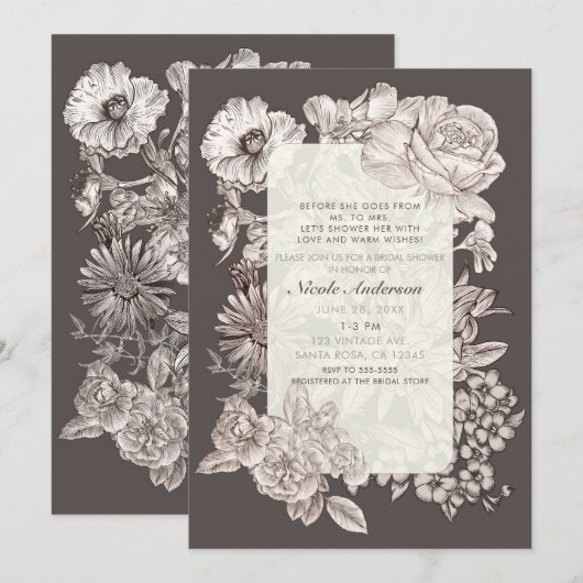 ヴィンテージモダンフローラアイボリー&グレーブライダルシャワー 招待状 (正面/裏面)