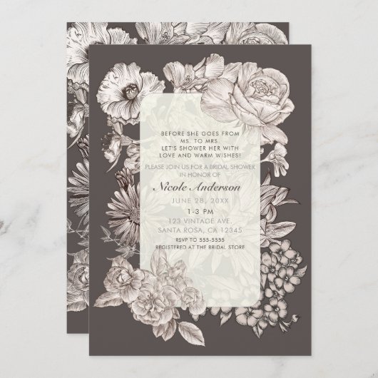 ヴィンテージモダンフローラアイボリー&グレーブライダルシャワー 招待状 (正面/裏面)