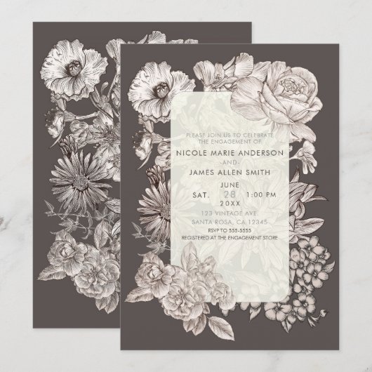 ヴィンテージモダンフローラアイボリー&グレー婚約 招待状 (正面/裏面)