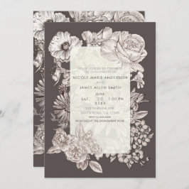 ヴィンテージモダンフローラアイボリー&グレー婚約 招待状