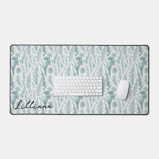 ヴィンテージモダンフローラグリーンワイルドフラワー名前をカスタムする デスクマット (キーボード&マウス)