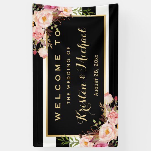 ヴィンテージモダンフローラストライプデコールウェディングパーティー 横断幕 (縦)