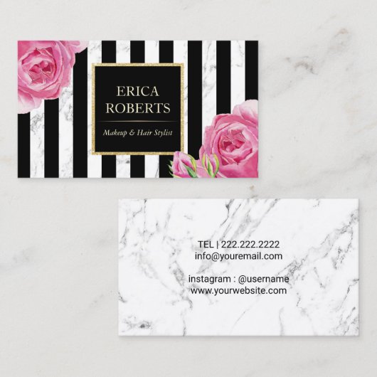 ヴィンテージモダンフローラストライプ大理石メイクアップアーティスト 名刺 (正面/裏面)