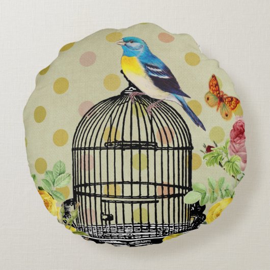 ヴィンテージモダンフローラバードケージエフェメラ ラウンドクッション (裏面)