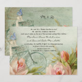 ヴィンテージモダンフローラパステルピンクローズバタフライ 招待状 (正面/裏面)