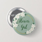 ヴィンテージモダンフローラホワイトオングリーンフラワーガール 缶バッジ (正面&裏面)
