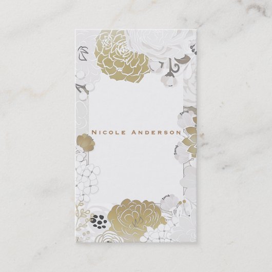 ヴィンテージモダンフローラボタニカルグラムホワイト&金ゴールド 名刺 (正面)