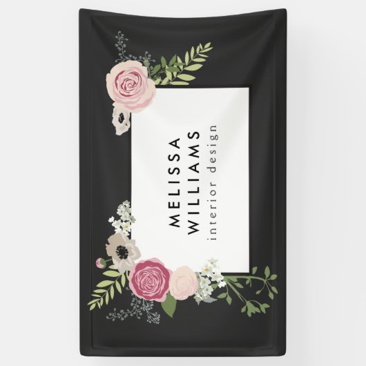 ヴィンテージモダンフローラモチーフのダークグレーバナー 横断幕 (縦)