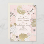 ヴィンテージモダンフローラ植物性ピンク結婚金ゴールド 招待状 (正面/裏面)