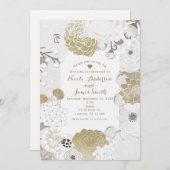 ヴィンテージモダンフローラ植物白金ゴールド結婚ズ 招待状 (正面/裏面)