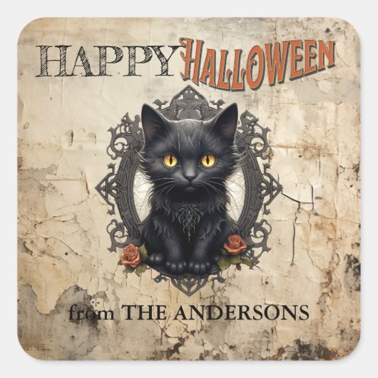 ヴィンテージモダンブラックキャットオールド紙ハロウィーン スクエアシール (正面)