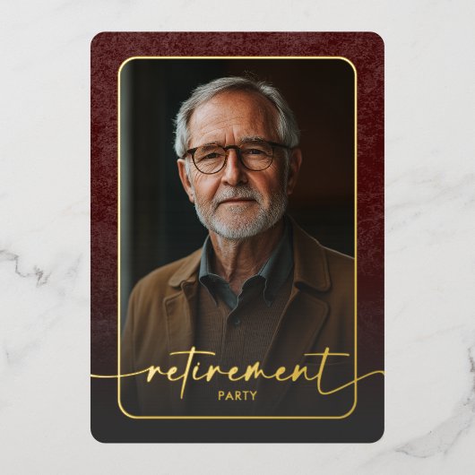 ヴィンテージモダンブルゴーニュ写真退職パーティー 箔招待状 (正面)