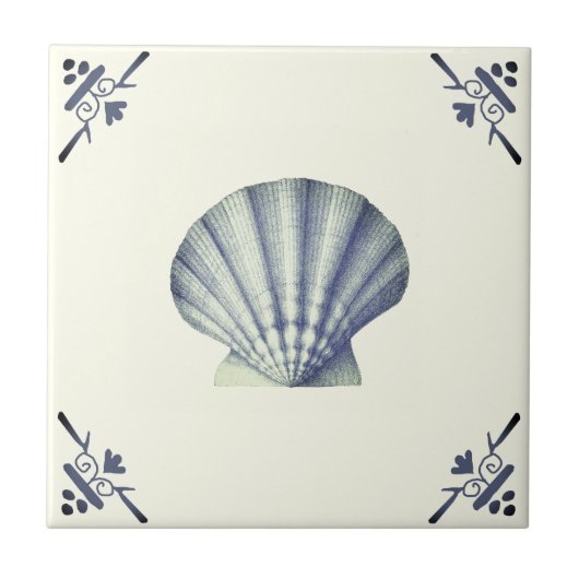 ヴィンテージモダンブルーシーシェルオンアイボリー タイル (正面)