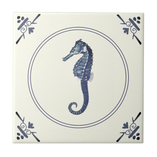 ヴィンテージモダンブルーシーホースオンアイボリー タイル (正面)