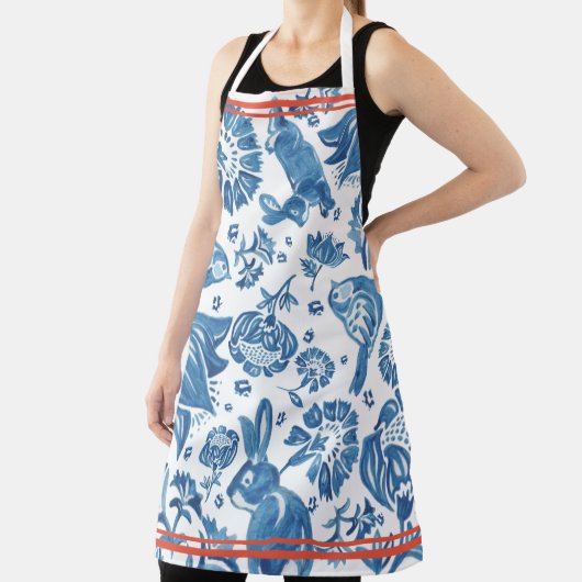 ヴィンテージモダンブルーラビットバードフローラフォークアート エプロン (インサイチュ)
