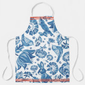 ヴィンテージモダンブルーラビットバードフローラフォークアート エプロン (正面)