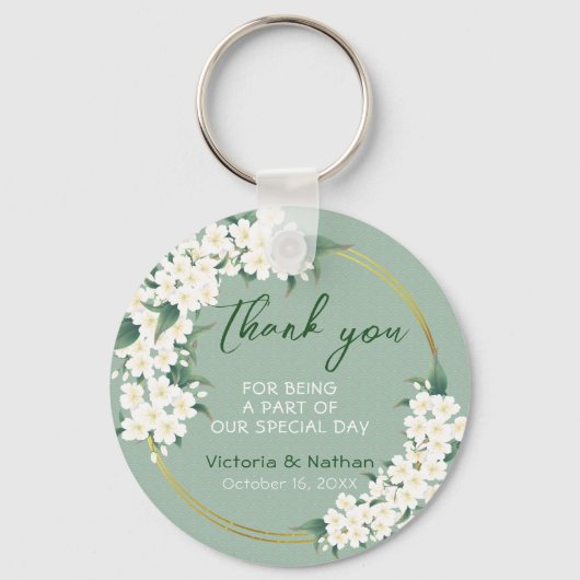 ヴィンテージモダンホワイトグリーンフローラ結婚式の引き出物 キーホルダー (正面)
