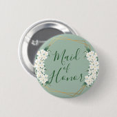 ヴィンテージモダンホワイトフラワーオングリーンメイド・オブ・オーナー(花嫁付き添い人) 缶バッジ (正面&裏面)