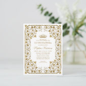 ヴィンテージモダンホワイト金ゴールドフレームティアラキンセアニェラ インビテーションポストカード (スタンド正面)