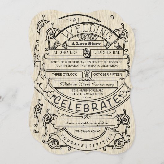 ヴィンテージモダンポスタ結婚タイポグラフィ 招待状 (正面/裏面)