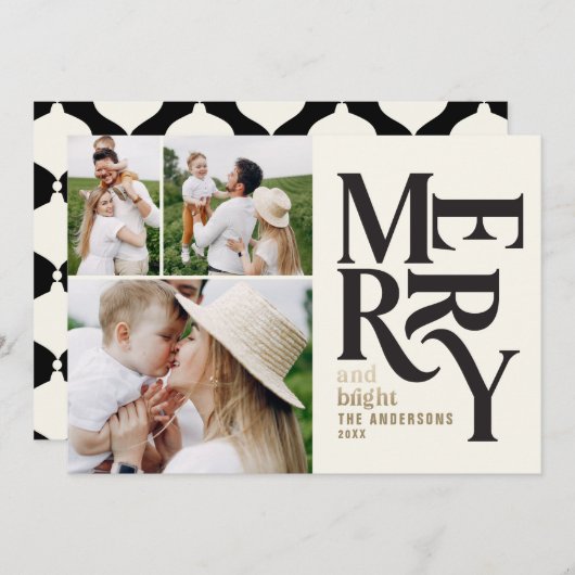 ヴィンテージモダンレトロChritsmasブラック金ゴールド写真 案内状 (正面/裏面)