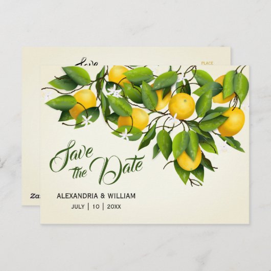 ヴィンテージモダンレモン果実 |結婚式の日付の保存 ポストカード (正面/裏面)