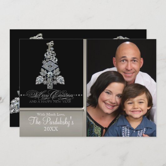 ヴィンテージモダン宝石飾りメリークリスマスツリーカード シーズンカード (正面/裏面)