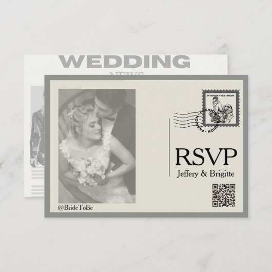 ヴィンテージモダン新聞結婚スタイル 出欠カード (正面/裏面)