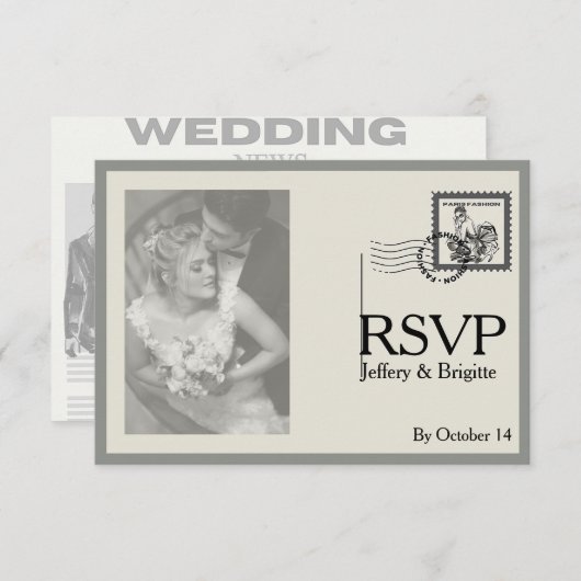 ヴィンテージモダン新聞結婚スタイル 出欠カード (正面/裏面)